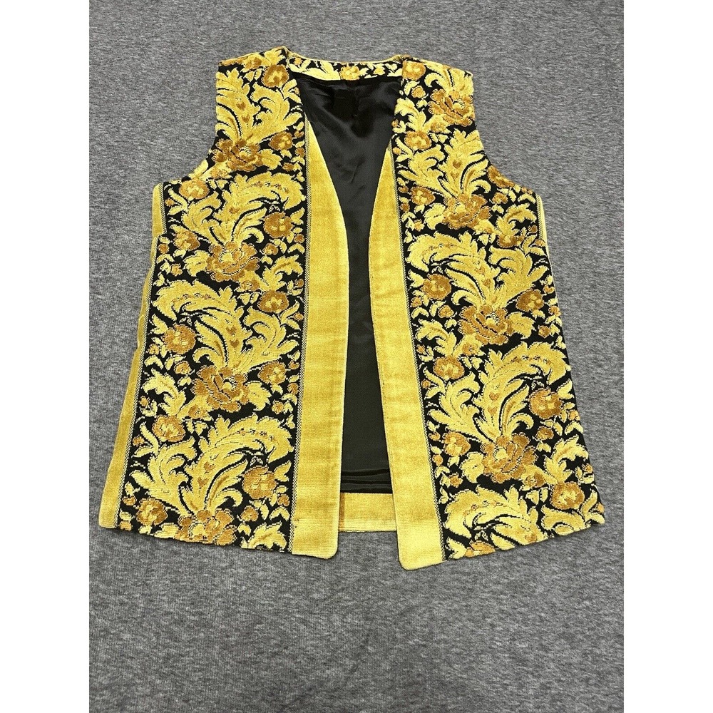 Rosenblum California Vintage Gold Black Floral Tapestry Velvet Vest Open Front